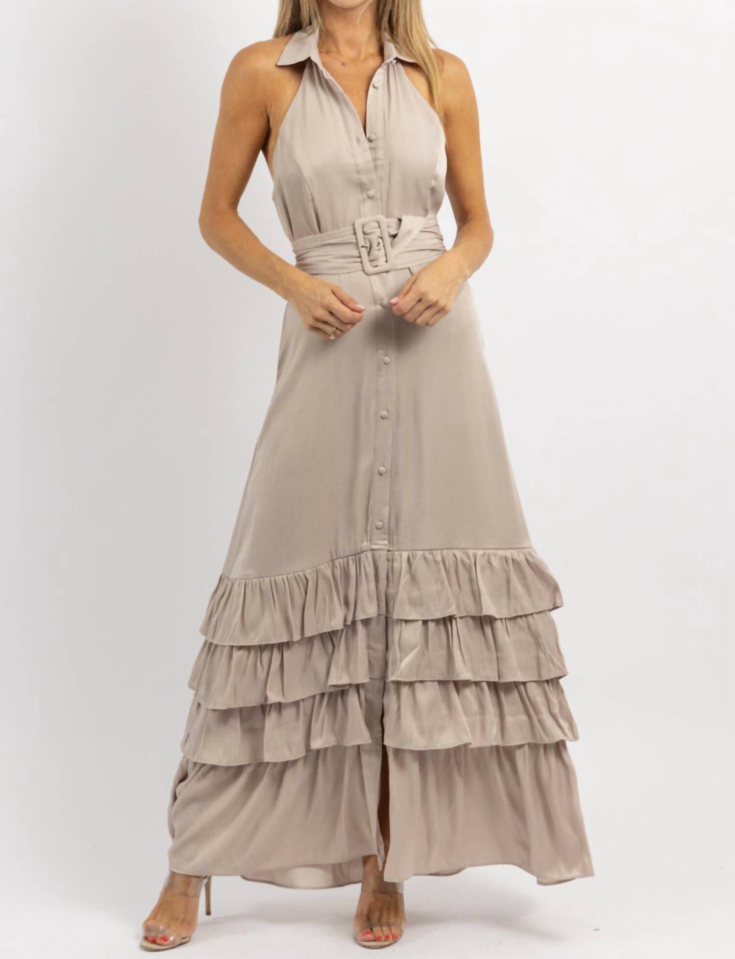 ELEANOR BELTED MAXI DRESS IN BEIGE, , alternate image number 5
