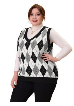 Plaid Cable Knit Sleeveless Pullover Top Sweater Vest