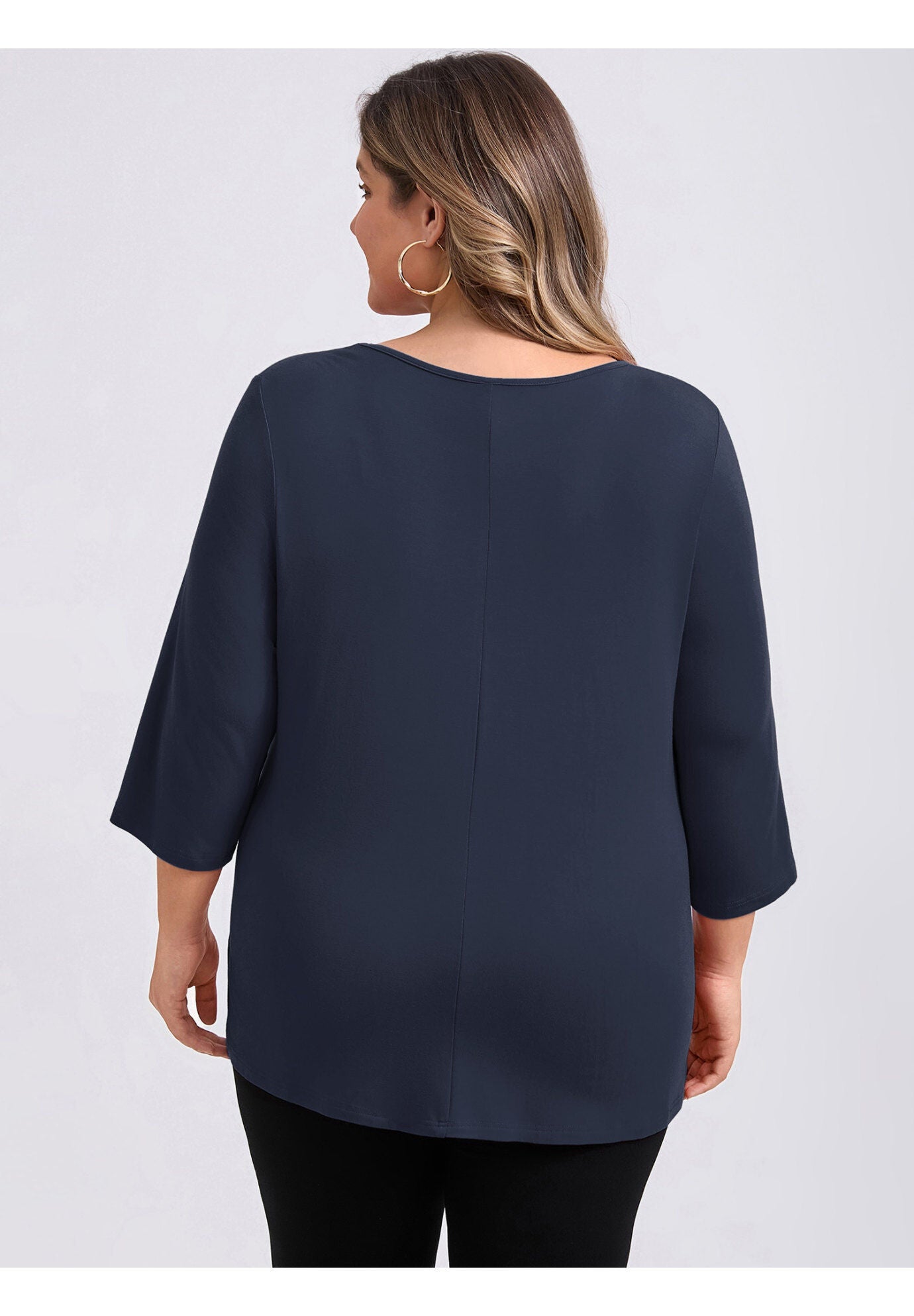 Crew Neck 3/4 Sleeve Waist Pleated Asymmetric Hem Loose Fit Blouse, Dark Blue / Navy, alternate image number 2