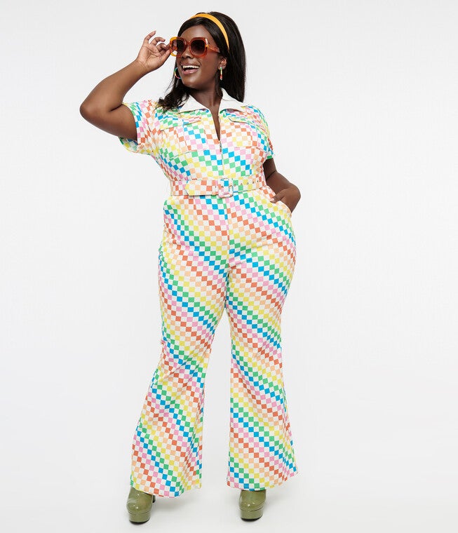 Smak Parlour 1970s Rainbow Check Flare Jumpsuit, Rainbow Checks / Aqua, hi-res image number 0