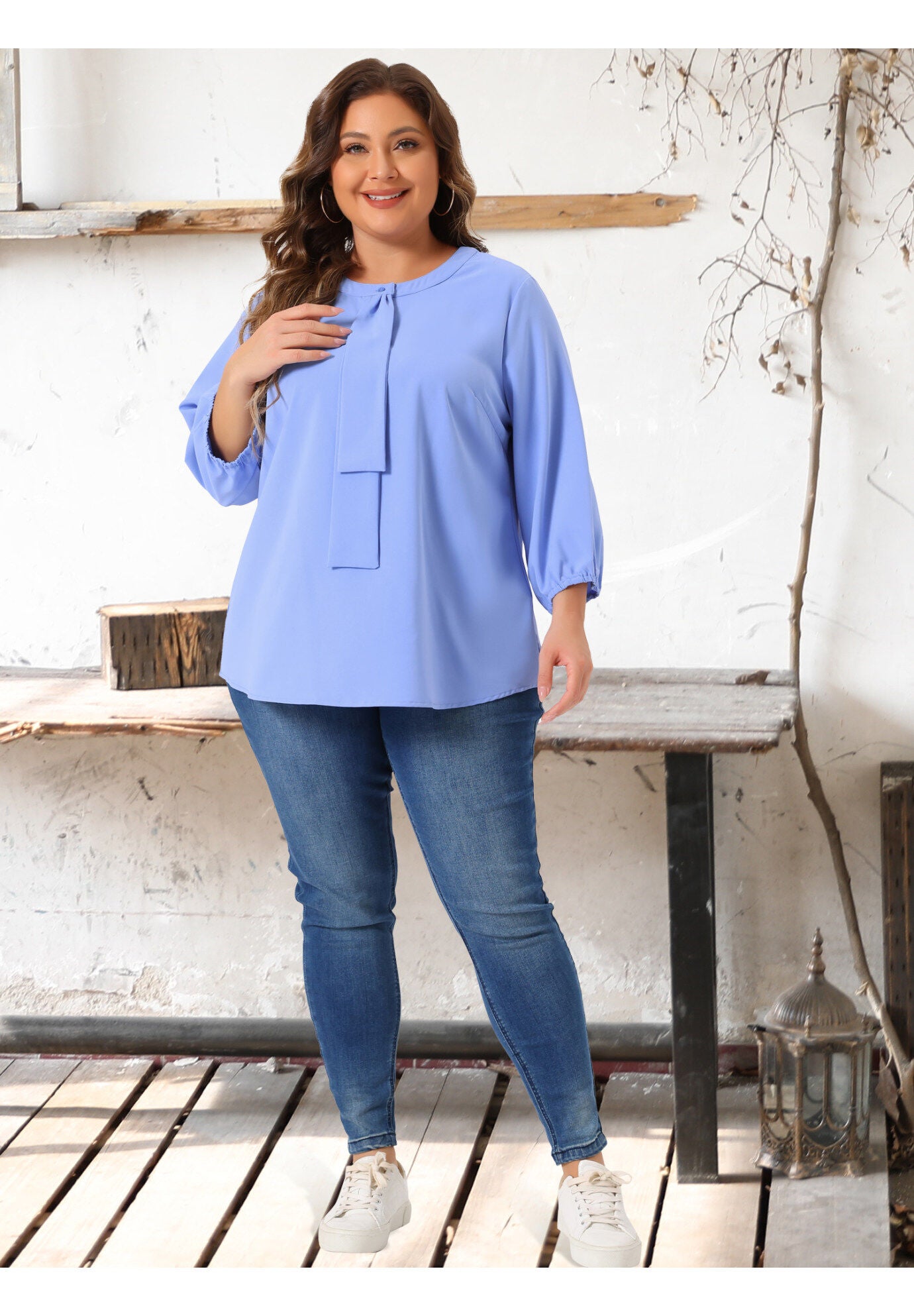 3/4 Sleeve Work Office Tie Front Ruffle Chiffon Blouse Top, Light Blue / Light Blue, hi-res image number 0