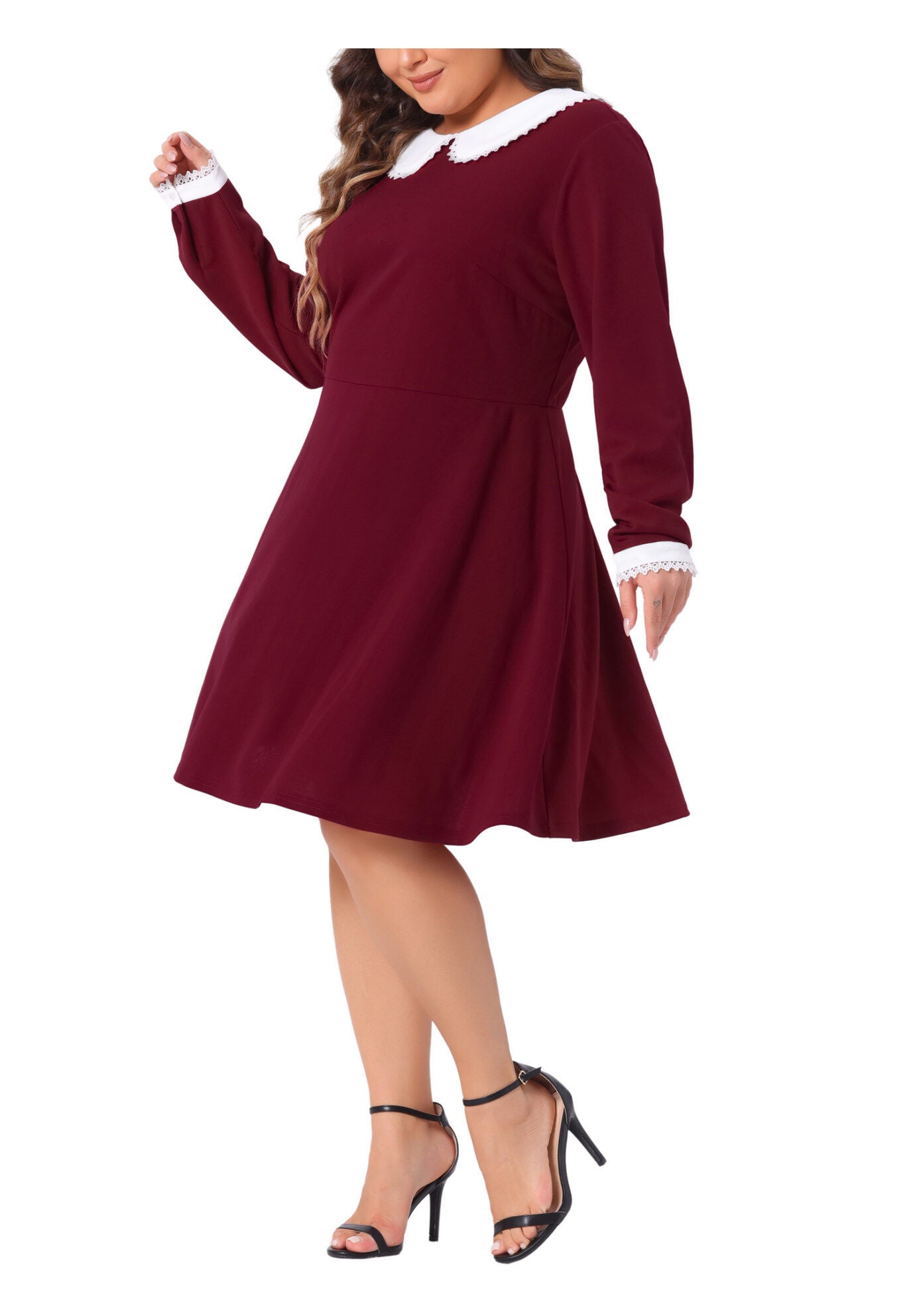 LONG SLEEVE DOLL PETER PAN COLLAR FLARE MIDI DRESS, Burgundy / Red, alternate image number 1