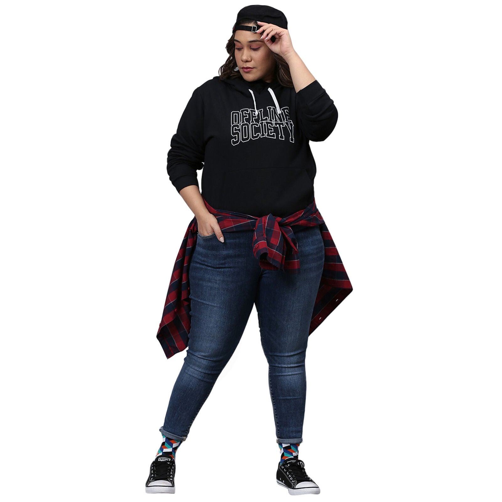 Black Hooded "Offline Society" Printed Sweatshirt, , alternate image number 8