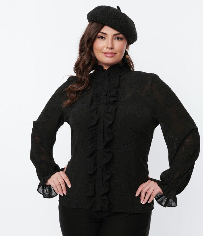 Smak Parlour Black Floral Ruffle Neck Blouse, Black Floral / Black, alternate image number 2