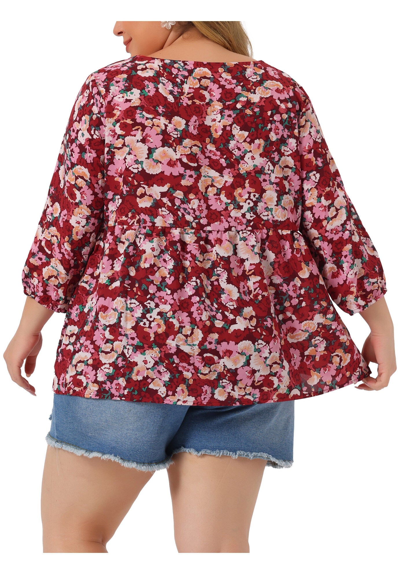 3/4 Sleeve Floral Peplum Babydoll Blouse, Red / Red, alternate image number 3