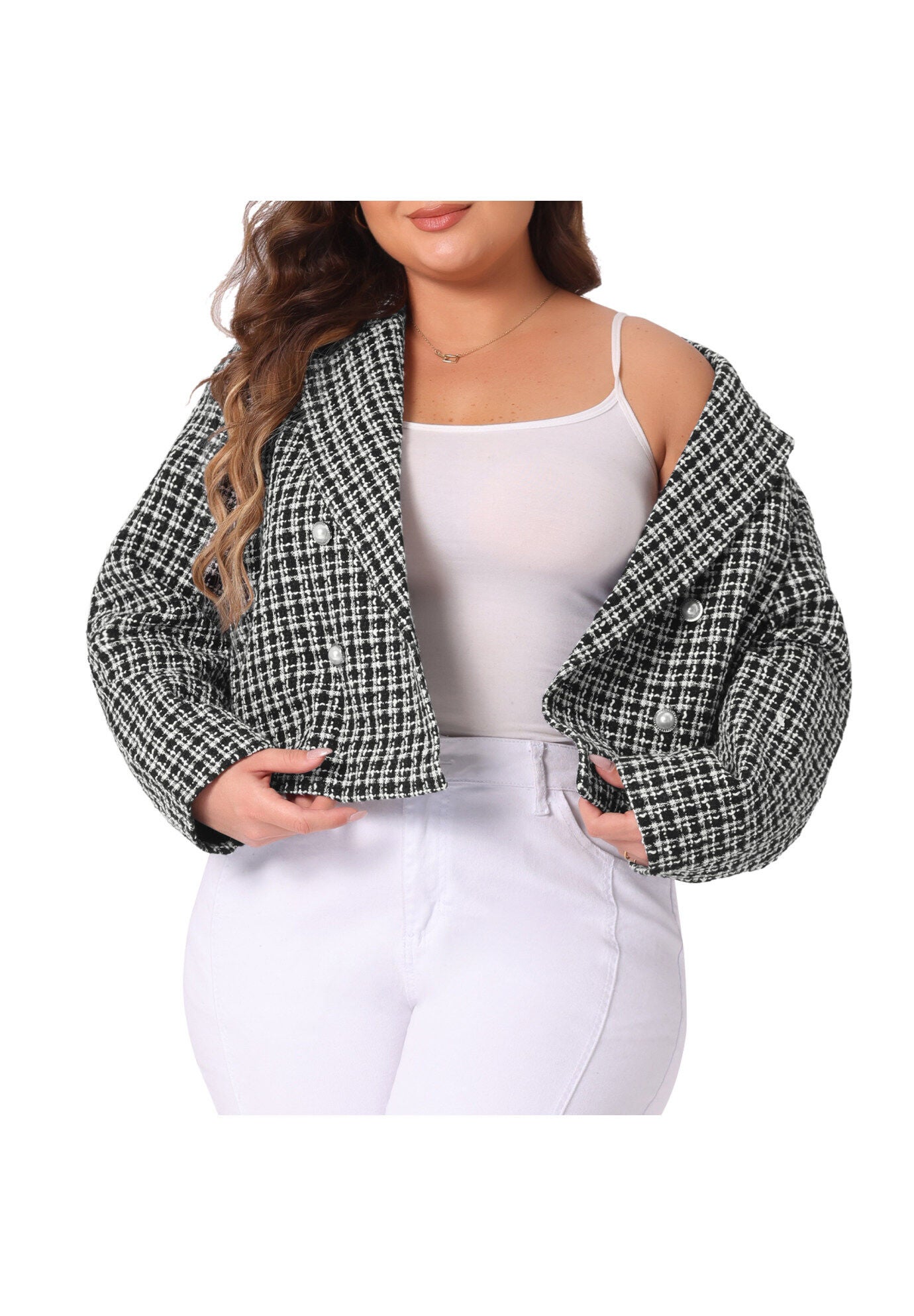 NOTCHED LAPEL CROP PLAID TWEED BLAZER, Black / Black, alternate image number 1