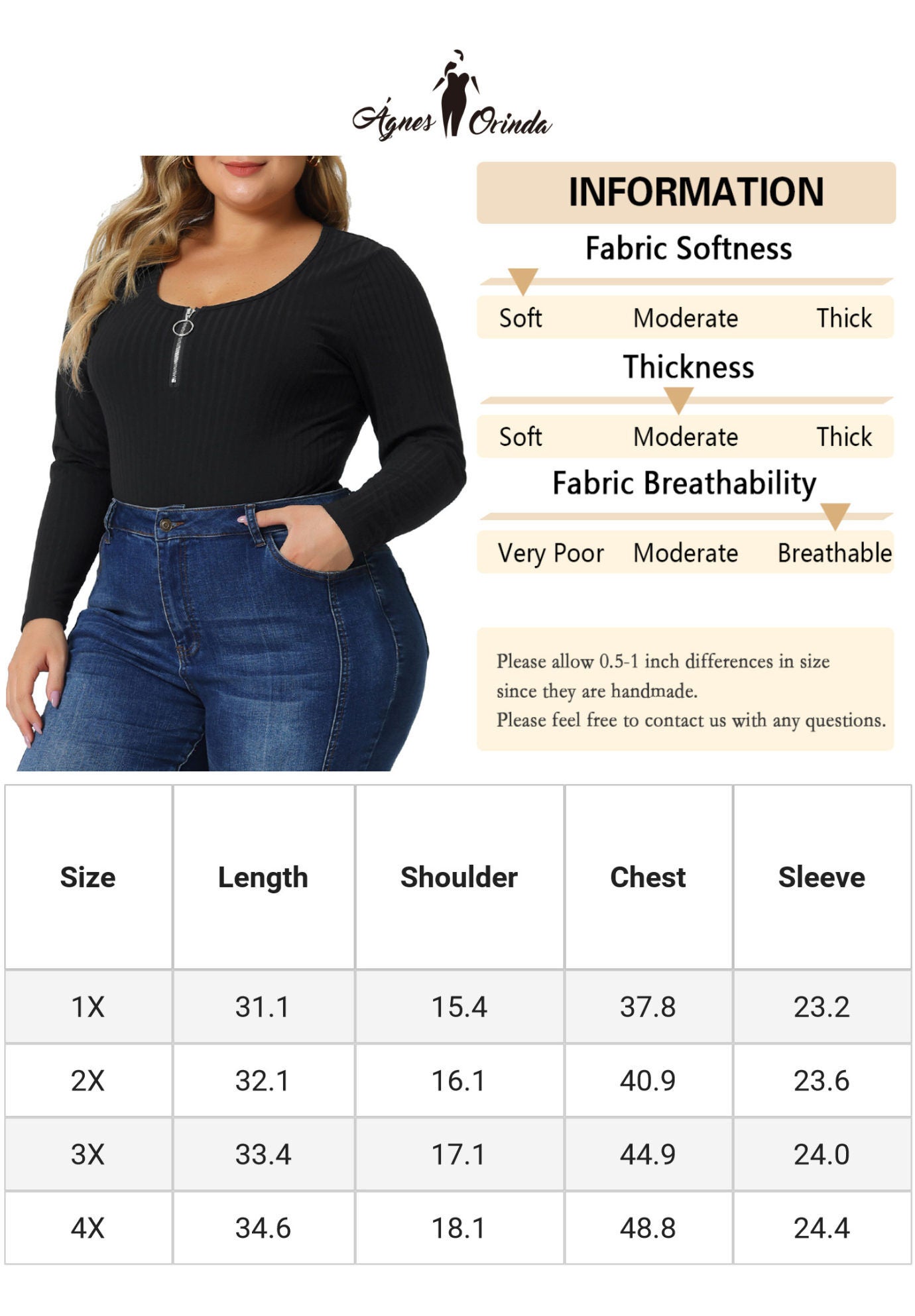 Ribbed Knit Zipper Deep V Neck Long Sleeve Top Bodysuit, Black / Black, alternate image number 4