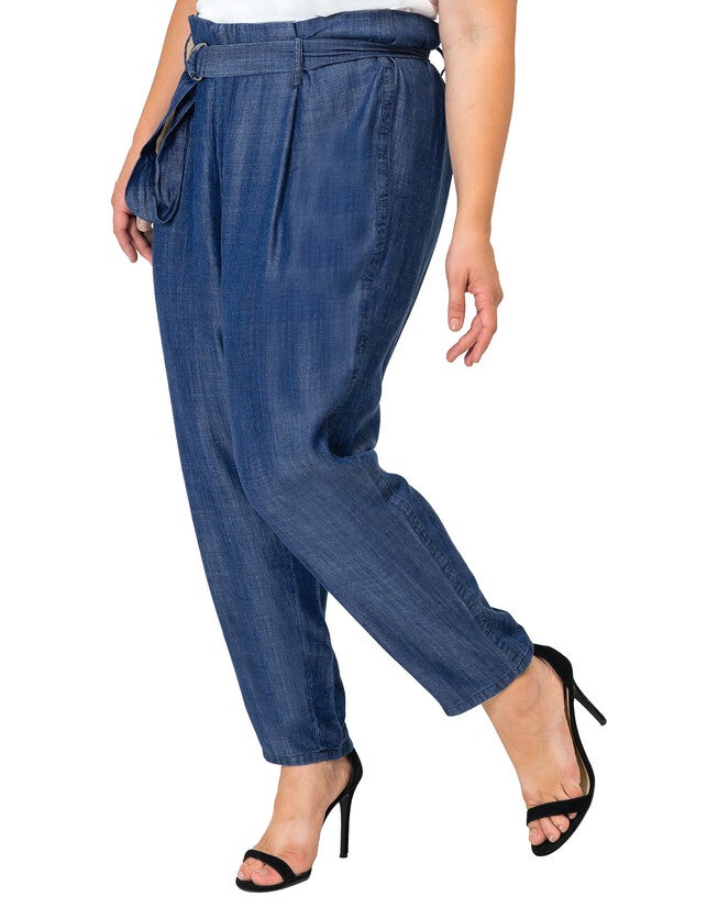 Plus Size Marina Paper Bag Waist Medium Blue Tencel Denim Peg Leg Pants D-Ring Belt, , alternate image number 7