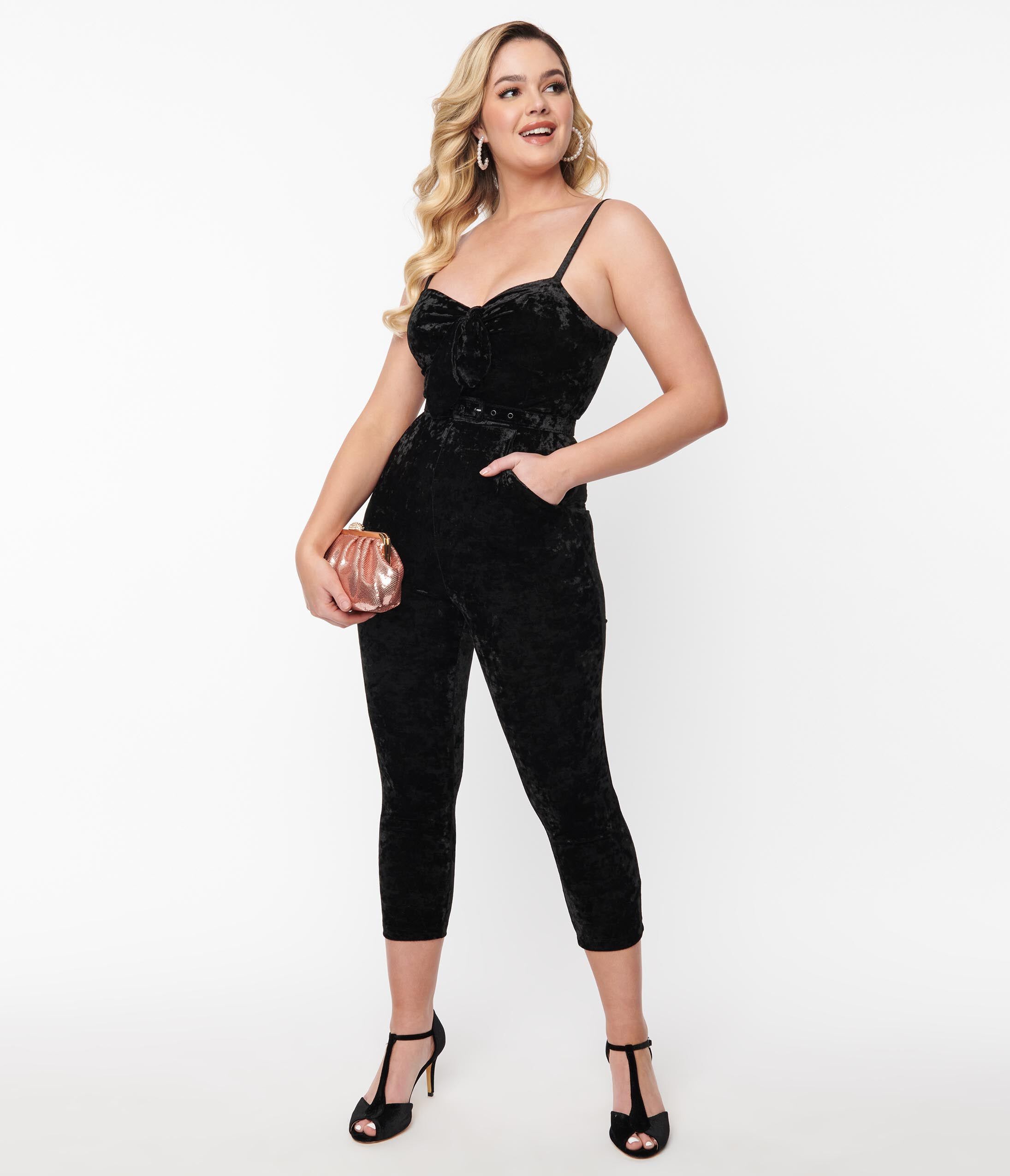 Unique Vintage Black Velvet Cropped Jumpsuit, Black / Black, alternate image number 2