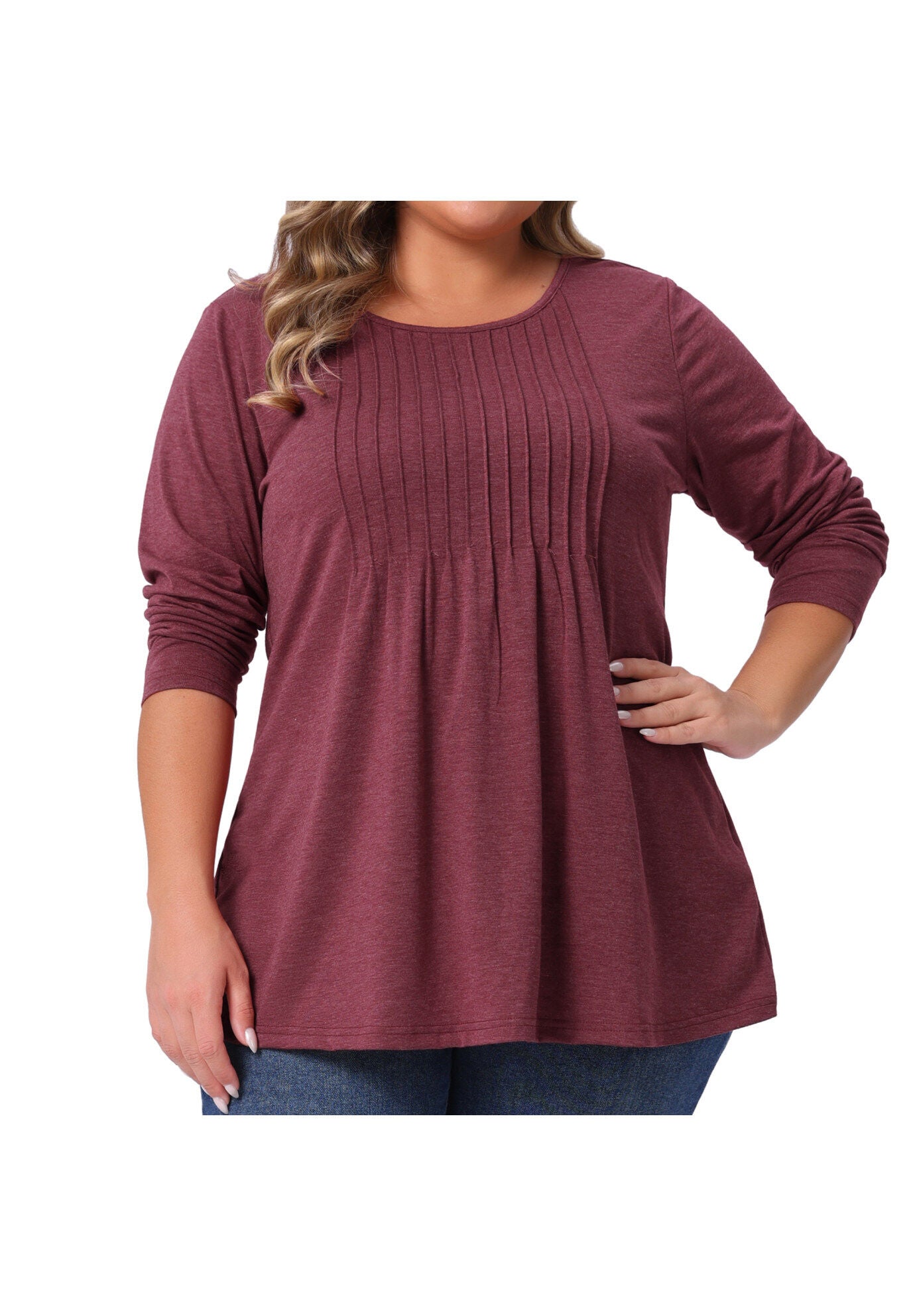 Pleated Blouses Crew Neck Casual T Shirt Tunic, Burgundy / Burgundy, alternate image number 1