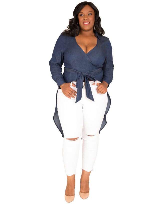 Plus Size Randa Tencel Denim High-Low Wrap Shirt with Fishtail, , alternate image number 8