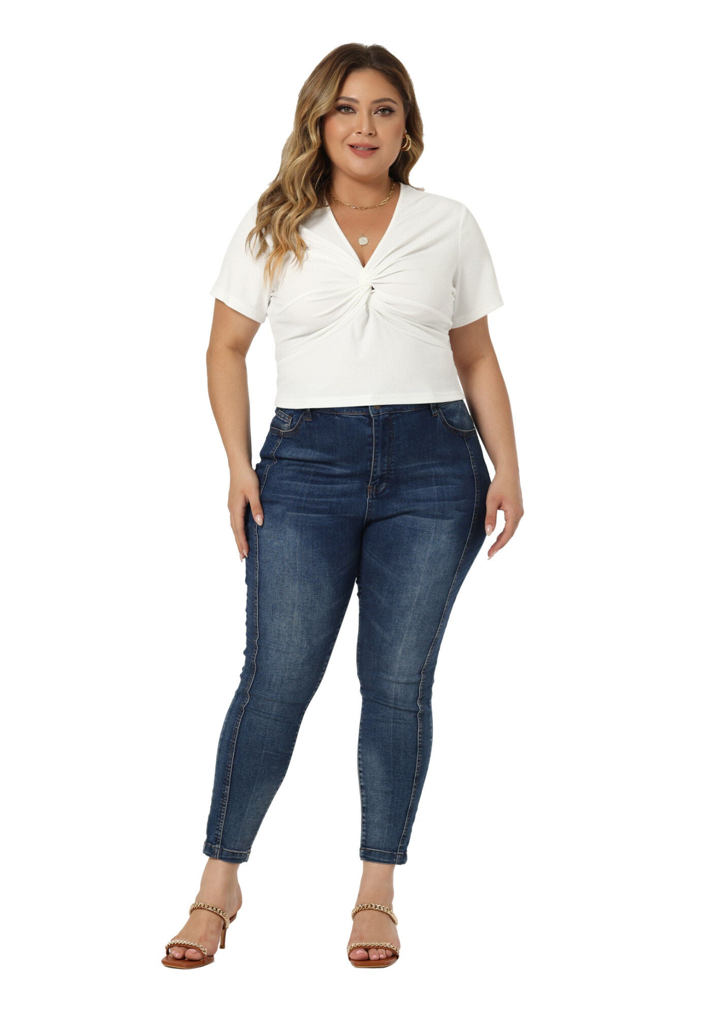 Twist Front V Neck Ribbed Short Sleeve T-Shirt Top, White / White, hi-res image number 0