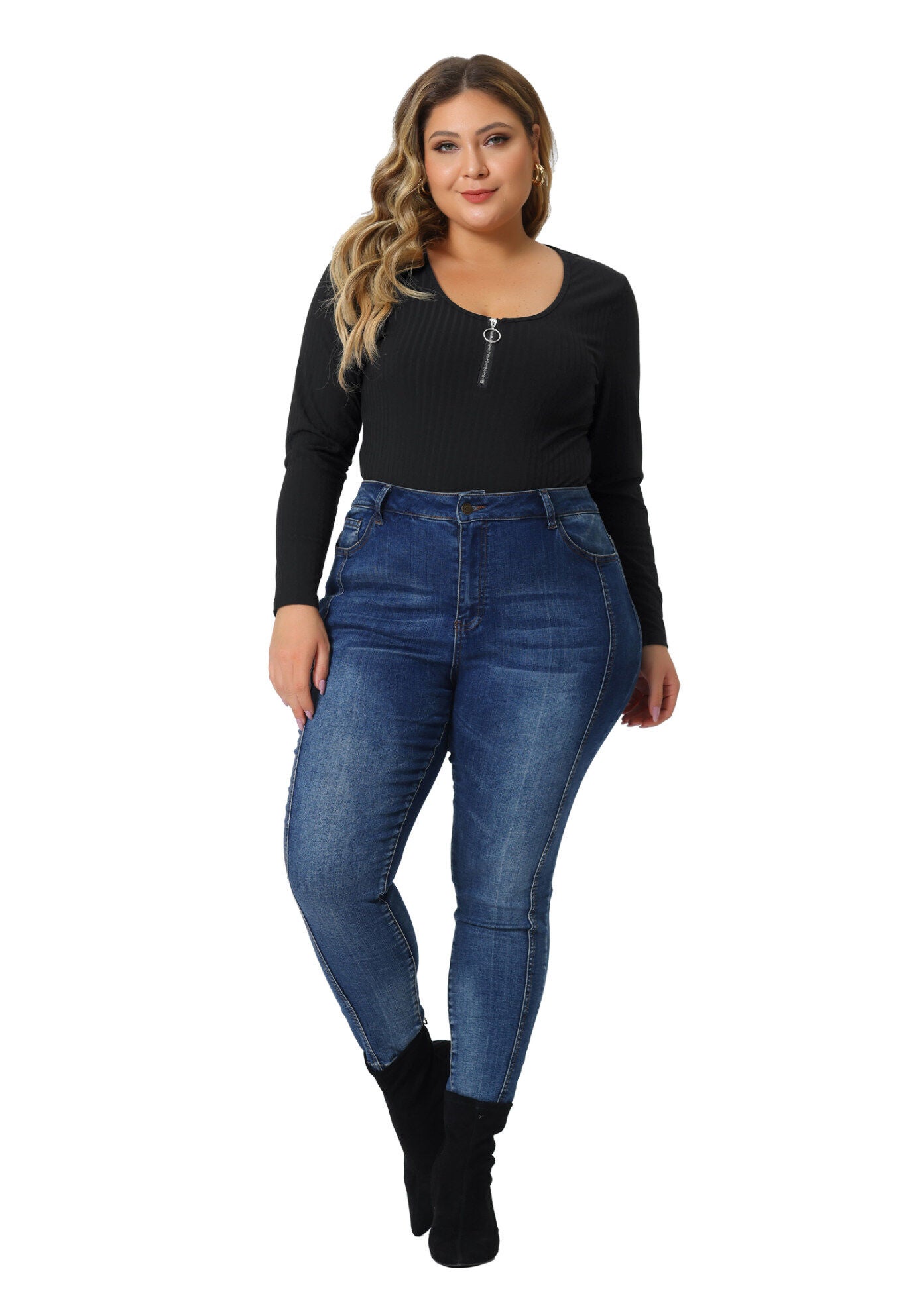 Ribbed Knit Zipper Deep V Neck Long Sleeve Top Bodysuit, Black / Black, hi-res image number 0