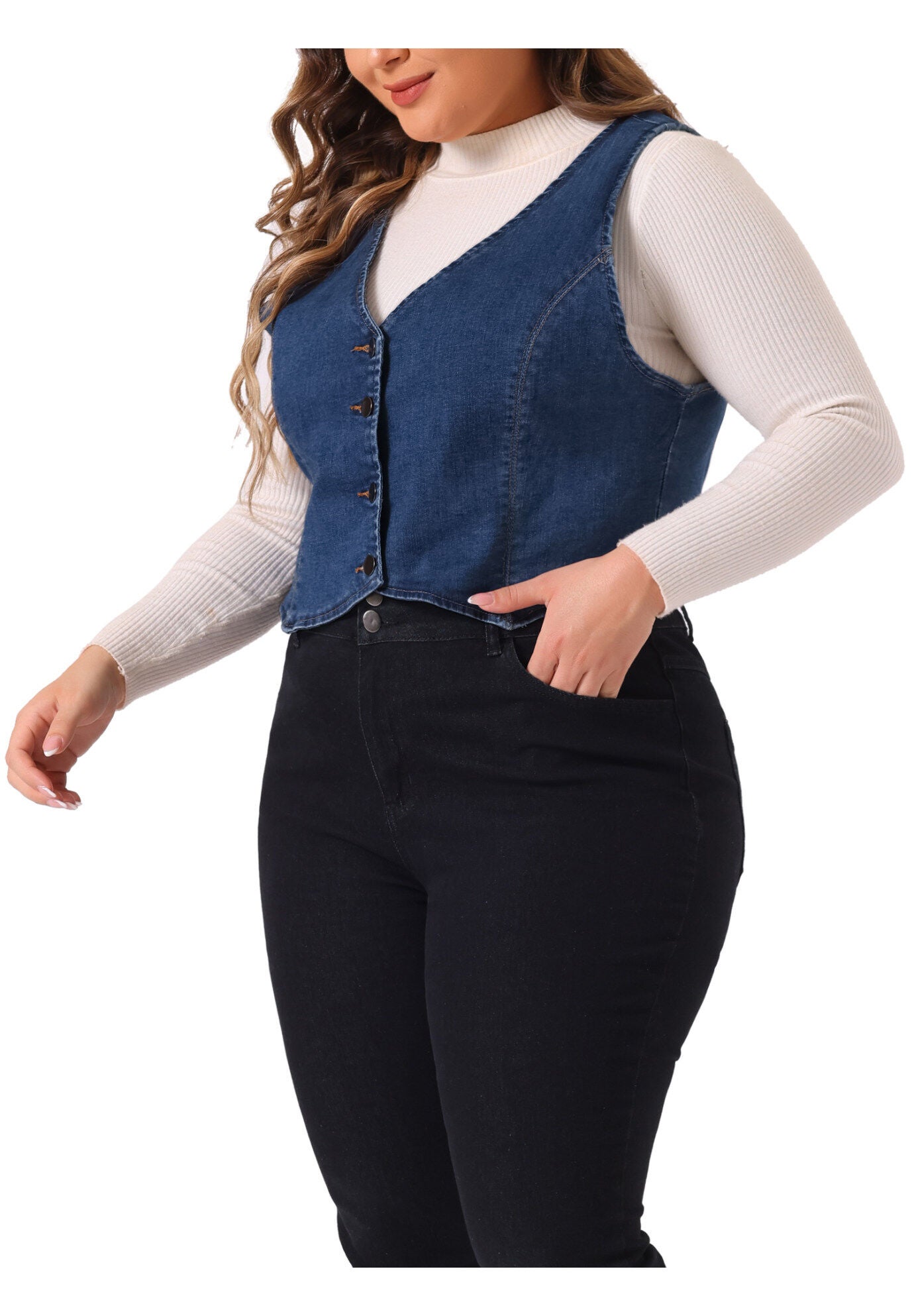 V NECK BUTTON DOWN DENIM VEST, Blue / Chambray Denim Medium, alternate image number 1