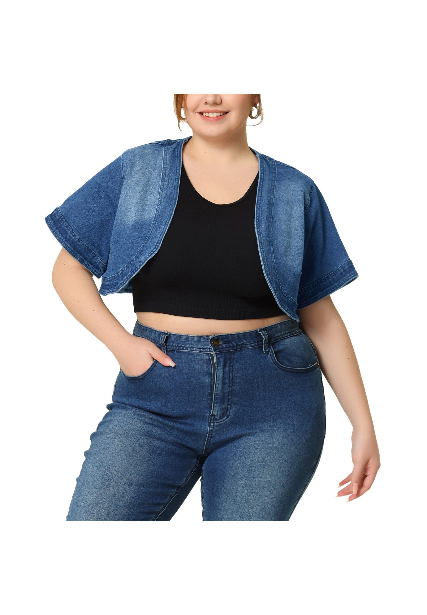 SHORT CROP DENIM JACKET SHRUG, Blue / Royal Blue, alternate image number 1