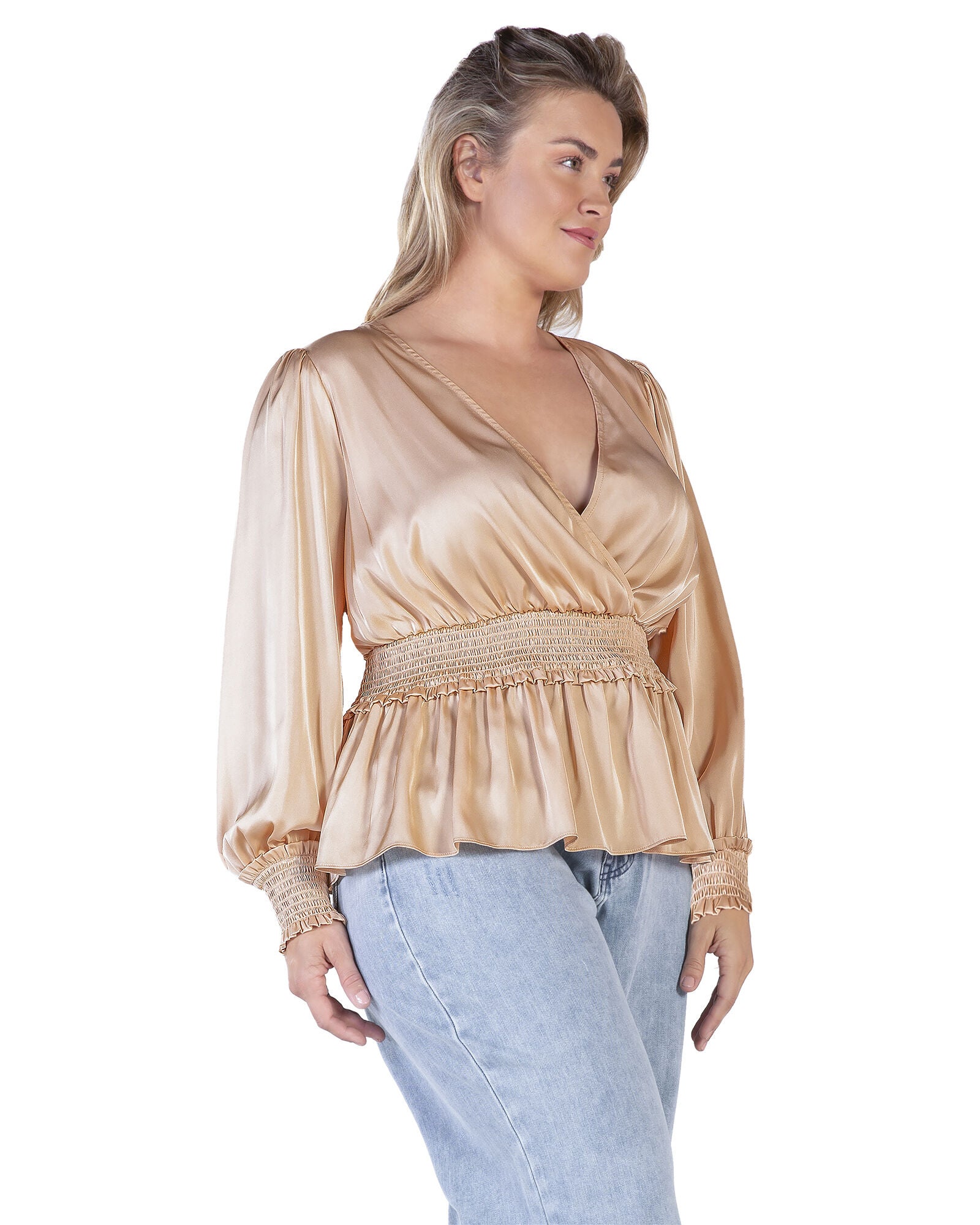 Stephanie Women&#39;s Satin V-Neck Long Sleeves Blouse, CHAMPAGNE / Beige, alternate image number 1