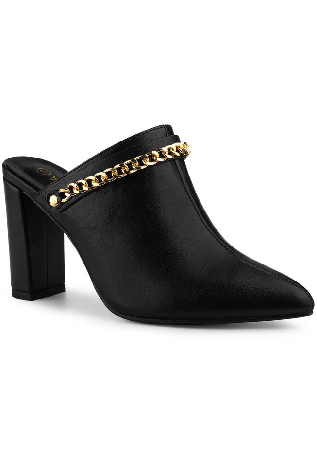 Chain Mules Pointed Toe Chunky Heel Sildes Mules, Black / Black, hi-res image number 0