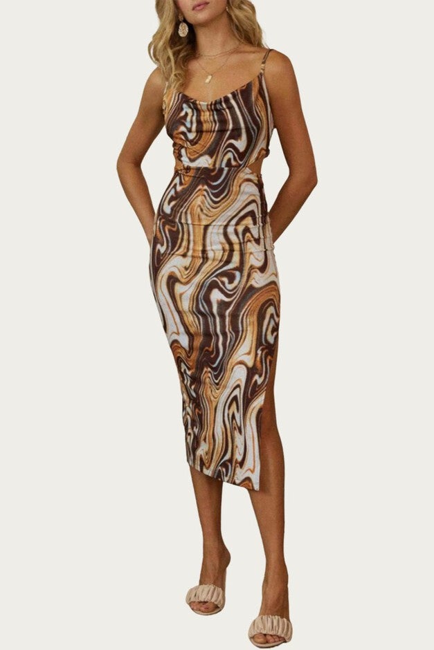 MARBLE-PRINT COWL STRETCH-JERSEY CUTOUT MIDI DRESS IN RUST/BROWN, RustBrown / Brown, hi-res image number 0
