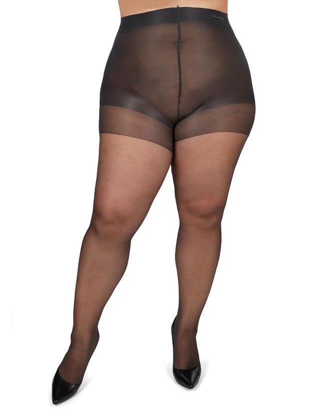Plus Size Curvy Silky Sheer Control Top Pantyhose, Off Black / Black, alternate image number 1