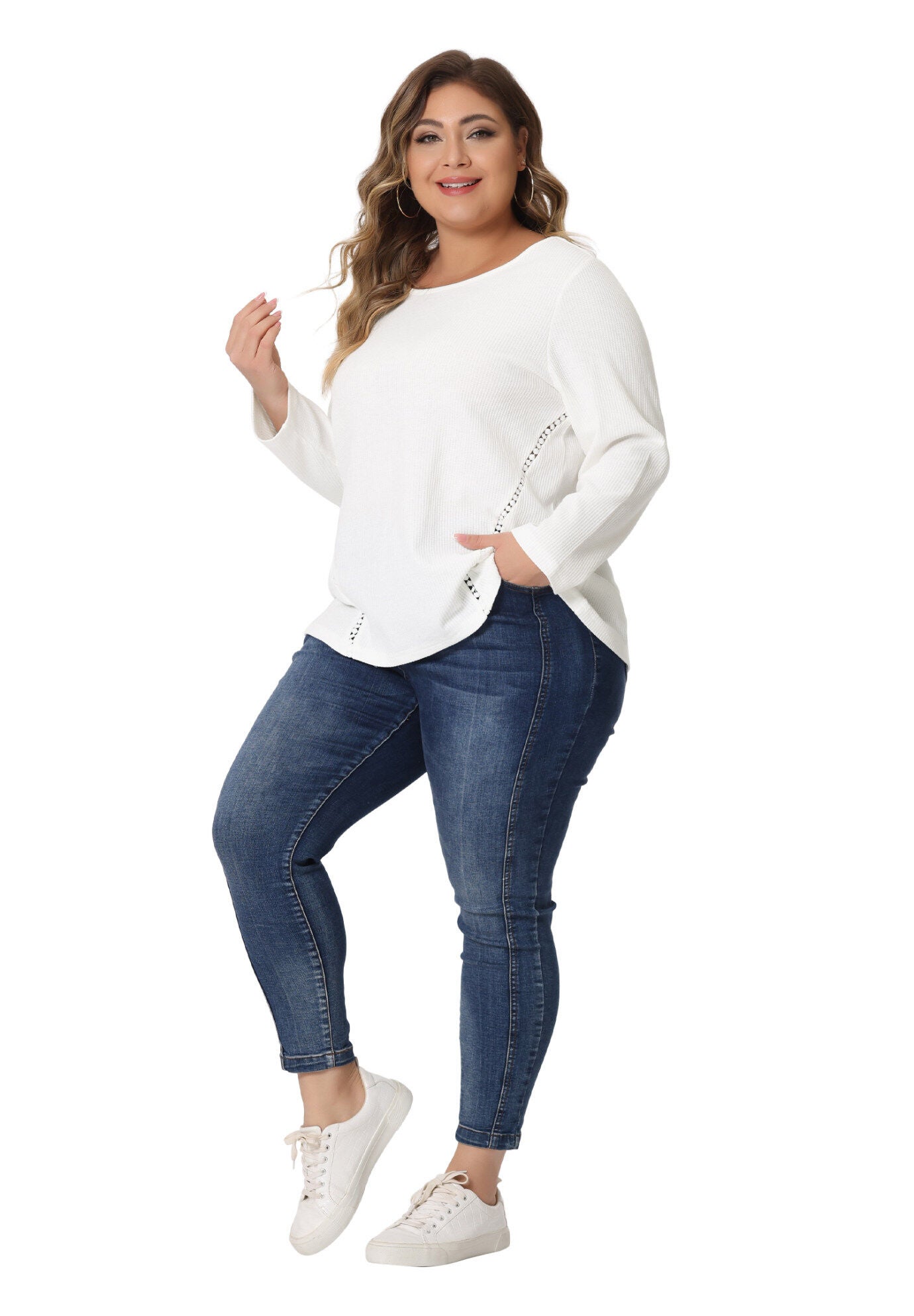 WAFFLE KNIT CAUSAL ROUND NECK TOP, White / White, hi-res image number 0