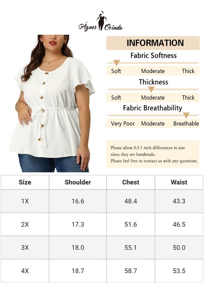 Peplum Button Decor Drawstring Waist Flare Sleeve Blouse Top, White / White, alternate image number 4