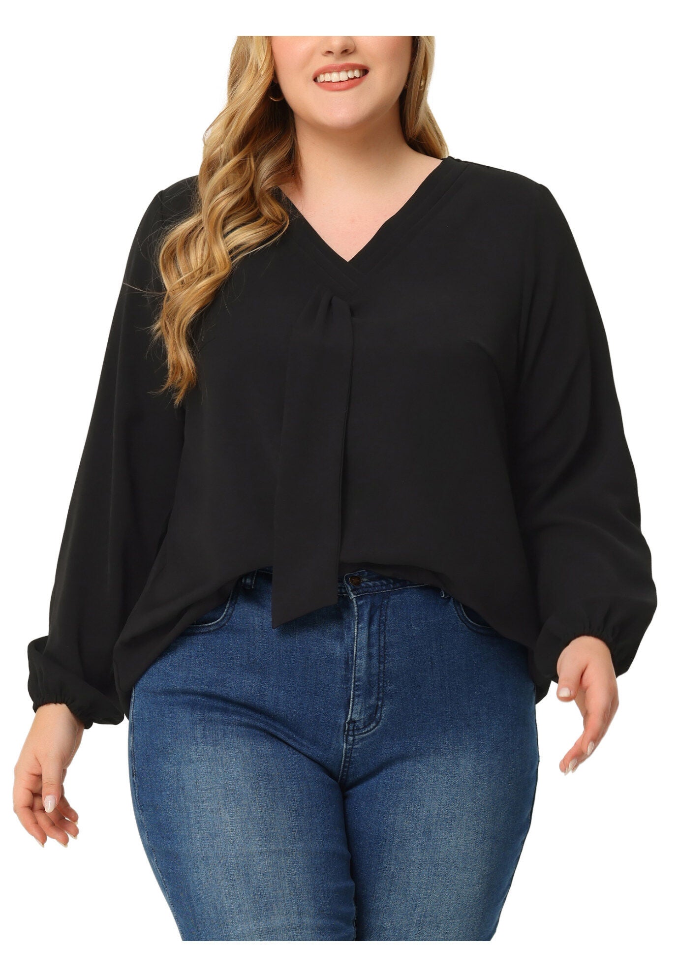 V Neck Long Sleeve Ruffle Tie Front Office Work Chiffon Blouse Top, Black / Black, alternate image number 2