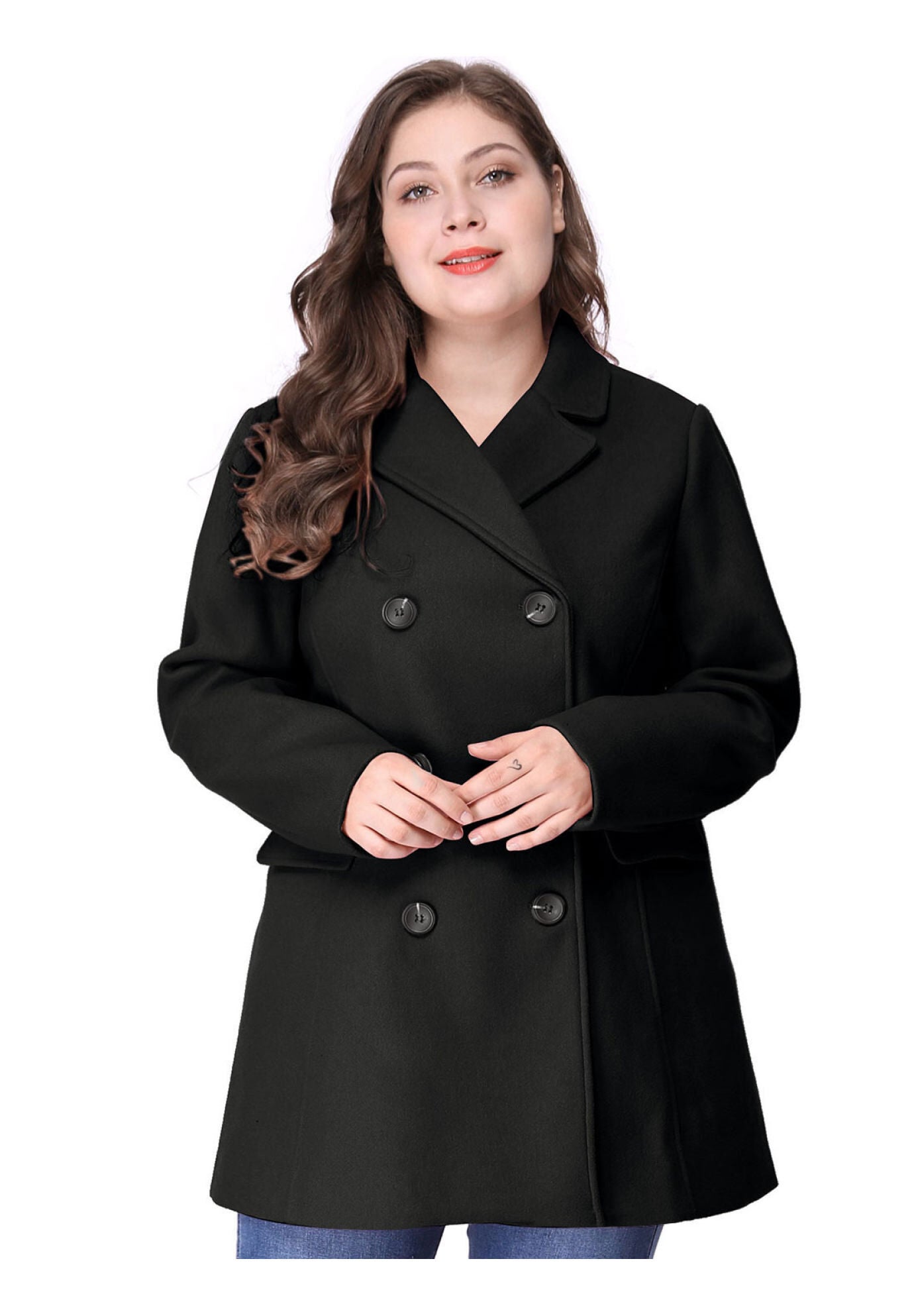 NOTCHED LAPEL DOUBLE BREASTED COAT, Black / Black, hi-res image number 0