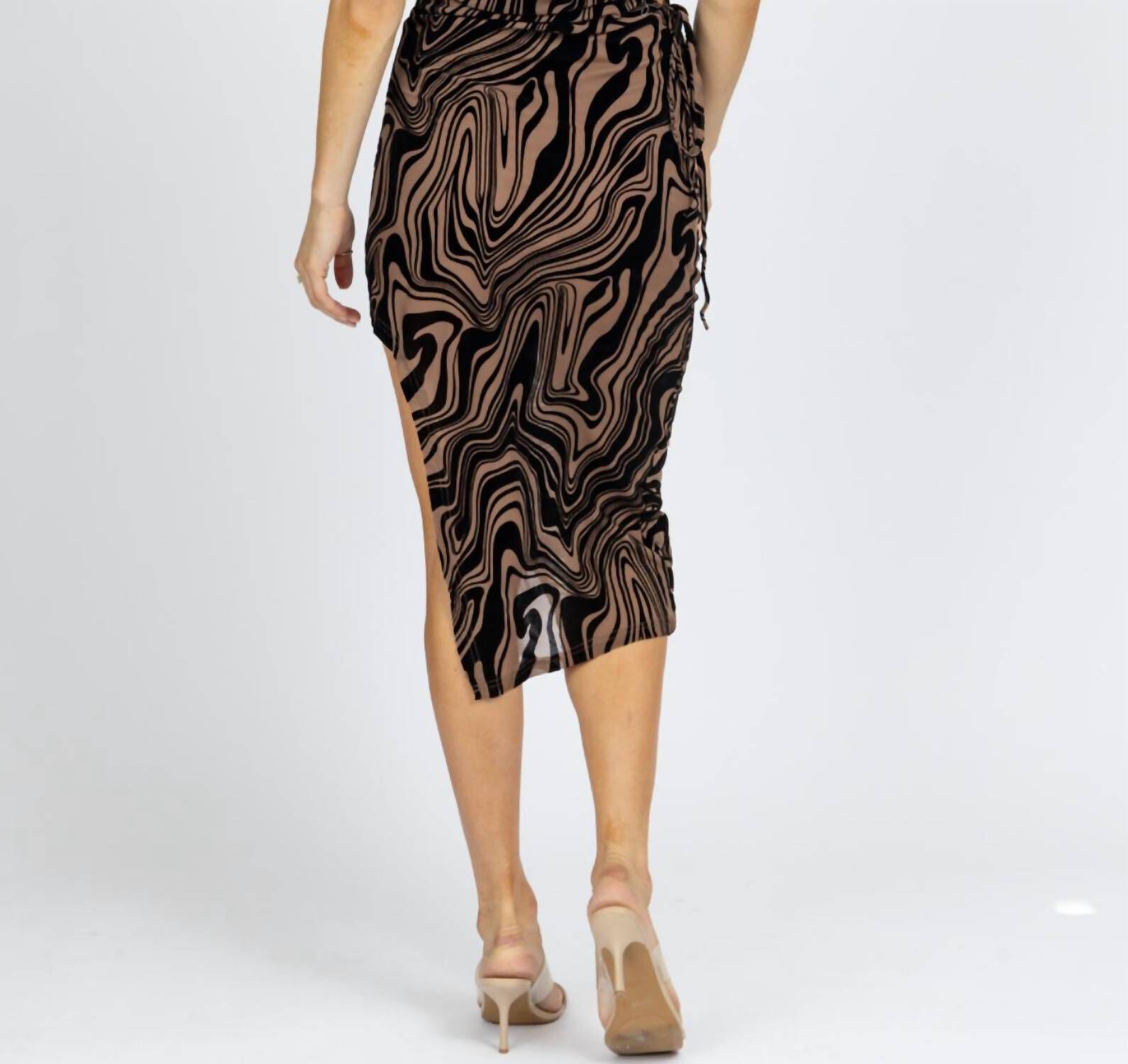 ASYMMETRIC CUTOUT MIDI DRESS IN MOCHA ABSTRACT, , alternate image number 5