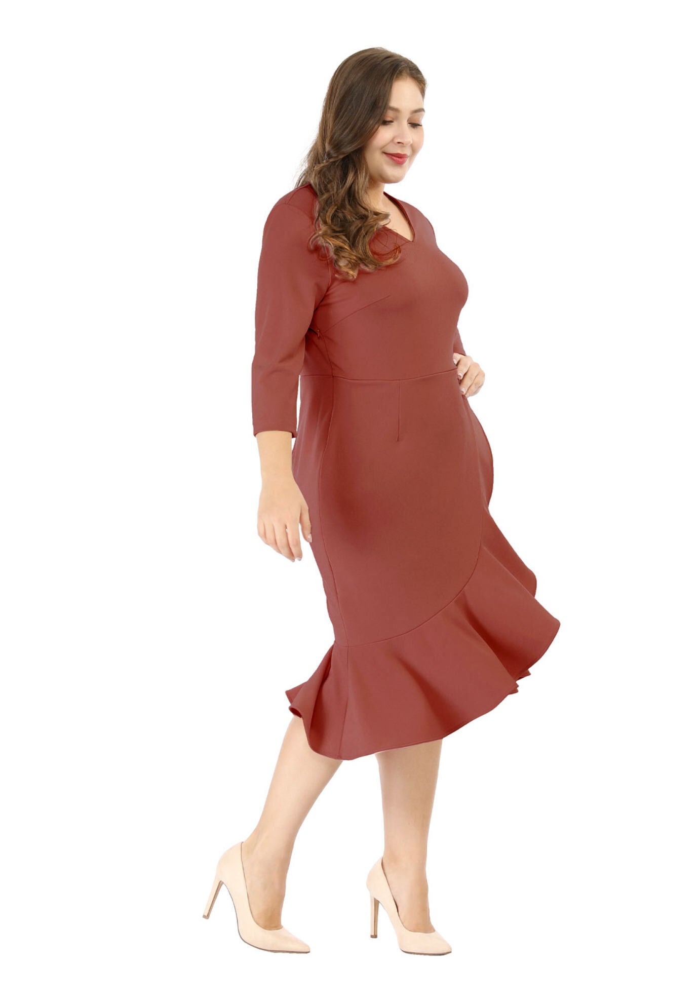 Ruffled 3/4 Sleeve Office Work Cocktail Wrap Dress, Brick Red / Burnt Orange, alternate image number 3