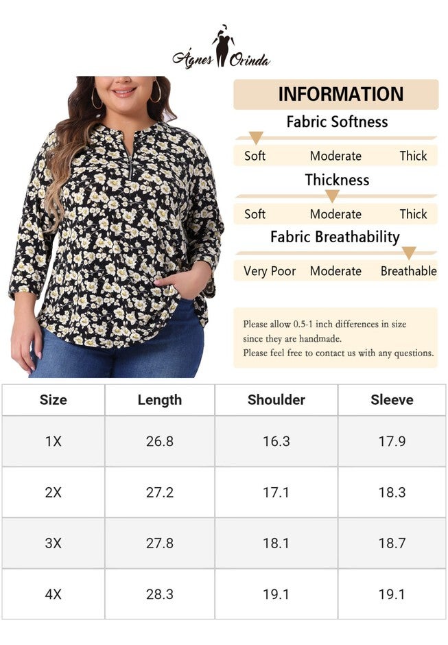 3/4 Sleeve Zip Up Floral Print V Neck Pullover Blouse Top, Black / Black, alternate image number null
