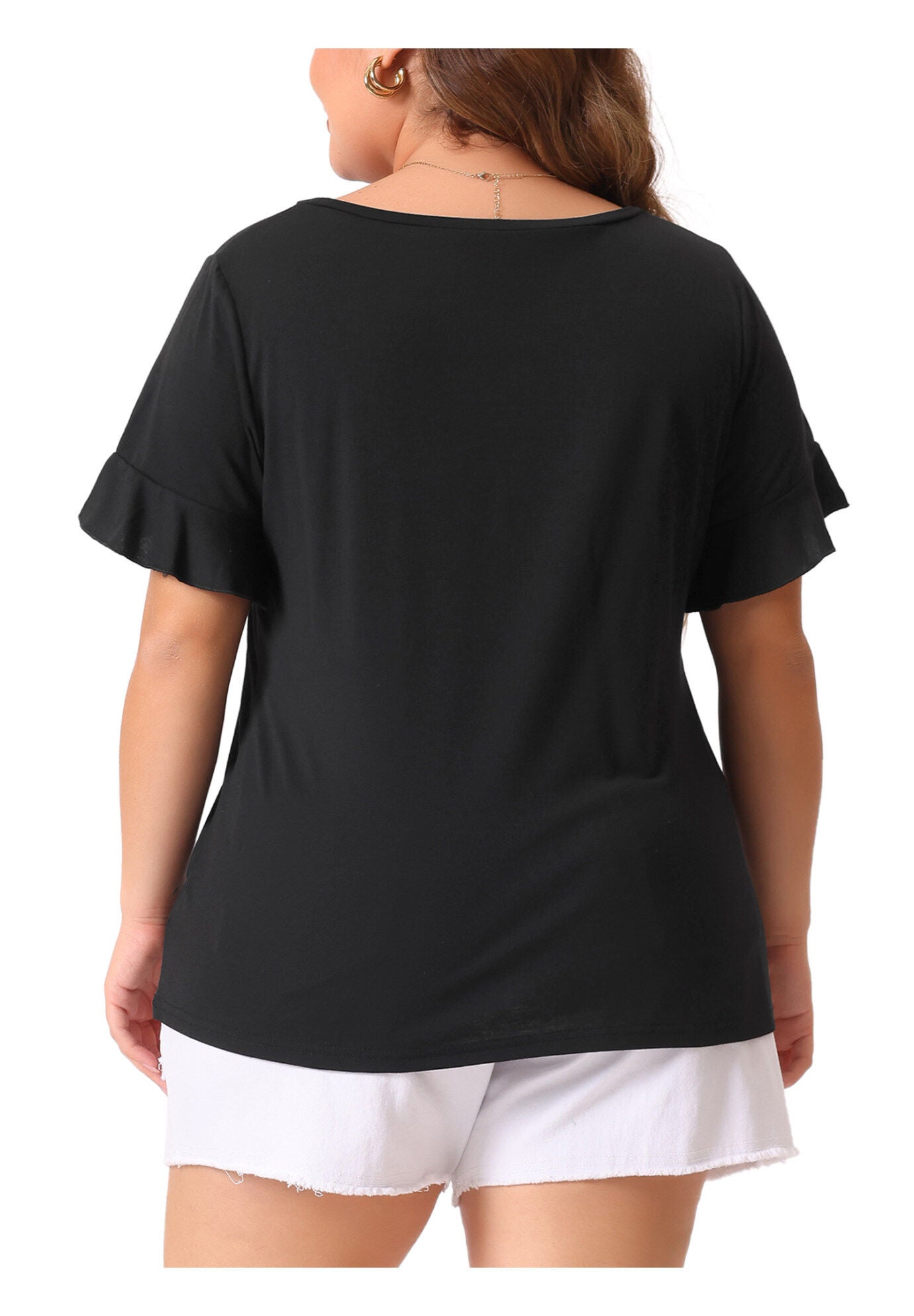 PLAIN CREW NECK RUFFLE SHORT SLEEVE TEE TOP, Black / Black, alternate image number 3