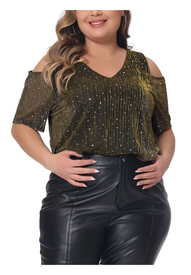 GLITTER SEQUIN COLD SHOULDER SHORT SLEEVE TOP, Gold / Gold, alternate image number 1