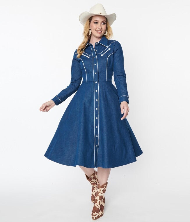 Unique Vintage Denim Western Shirt Swing Dress, , alternate image number null