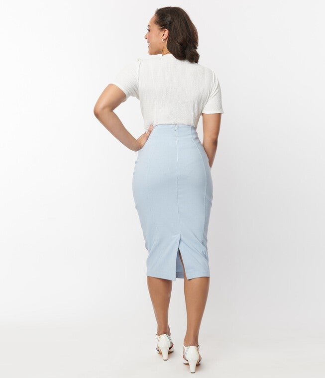 Unique Vintage Blue & White Gingham Sailor Sierra Pencil Skirt, Blue Gingham White / Light Blue, alternate image number 4