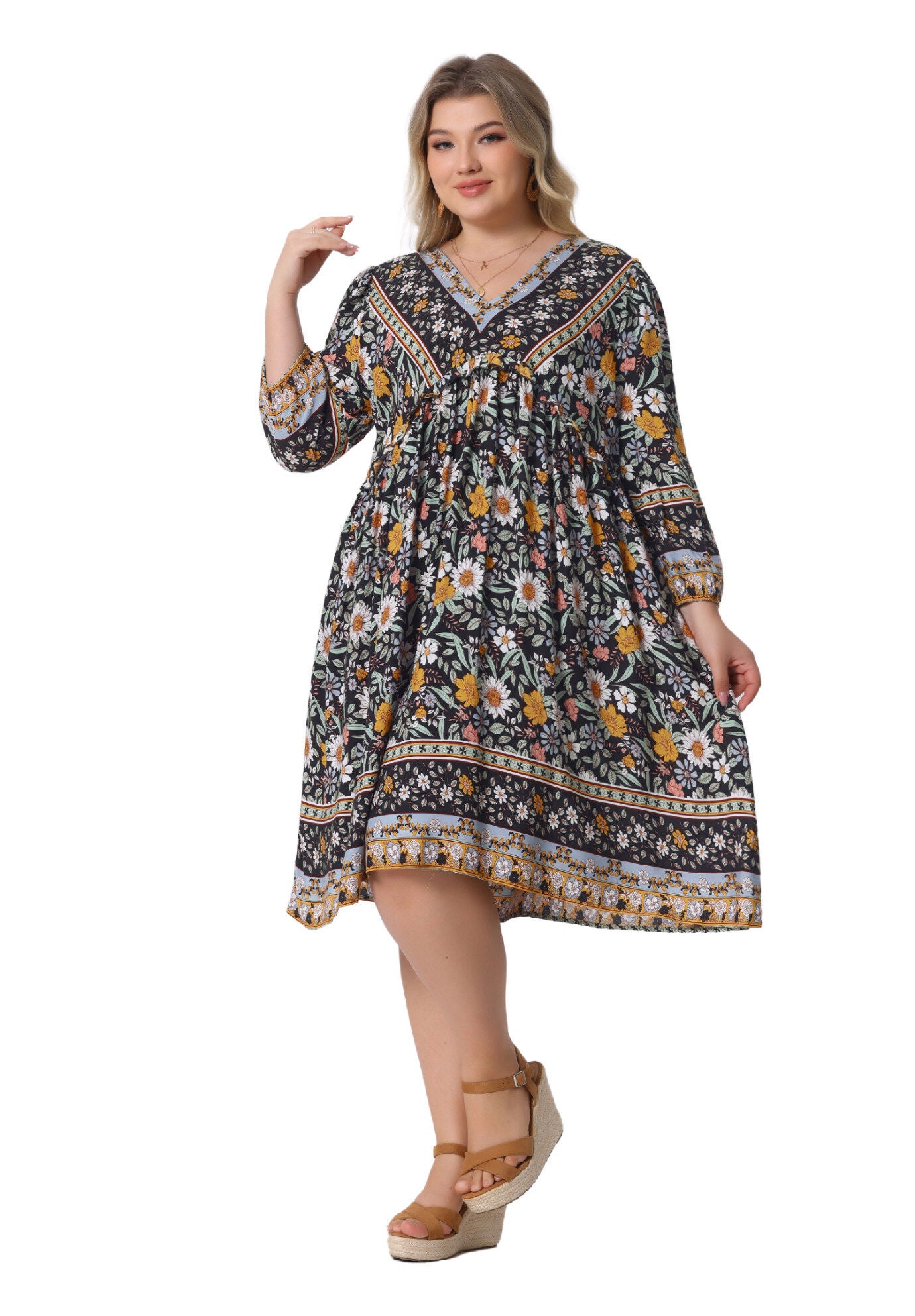 Boho Floral V Neck 3/4 Sleeve Mini Short Dress, Black Yellow / Yellow, hi-res image number 0