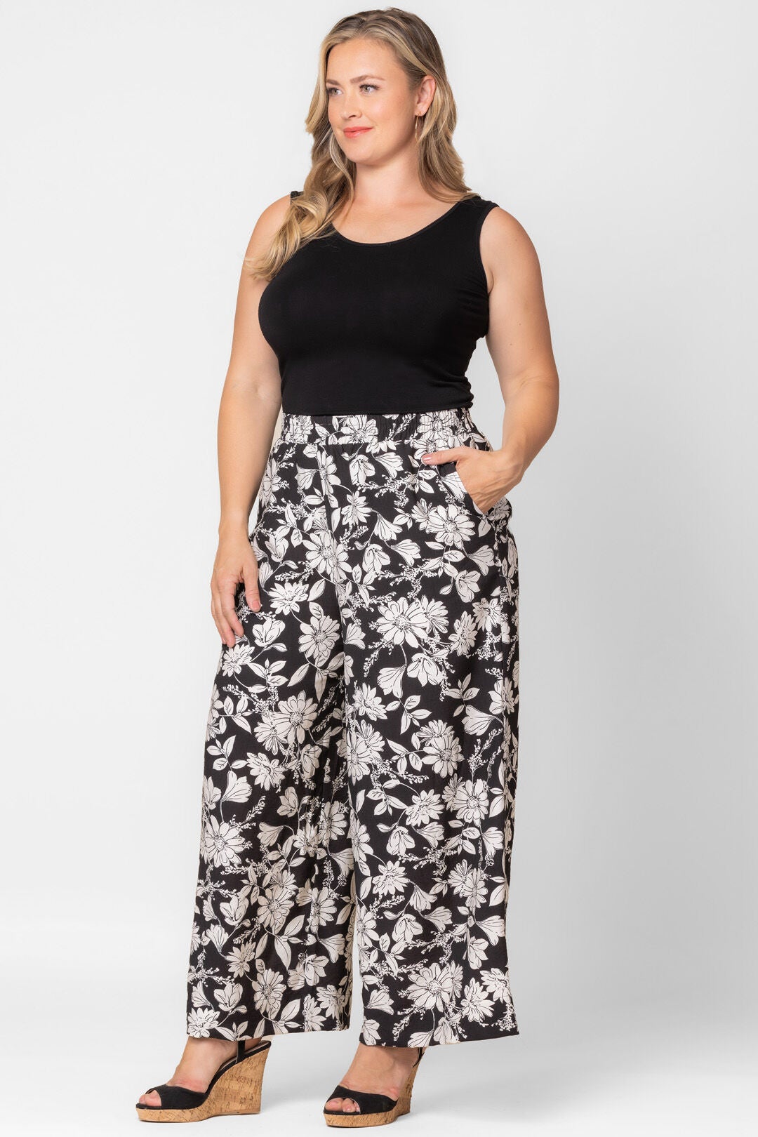 Eva Wide Leg Palazzo Pants, Black  White Florals / Black, alternate image number 3