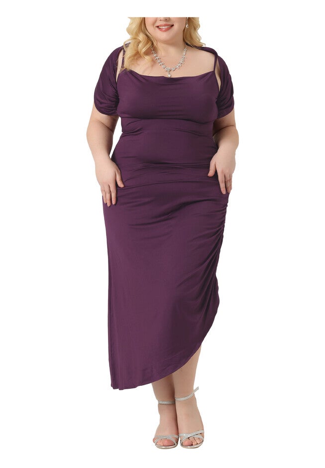 Spaghetti Strap Cowl Neck Ruched Cami Bodycon Dress with Shawl, Purple / Purple, alternate image number 1