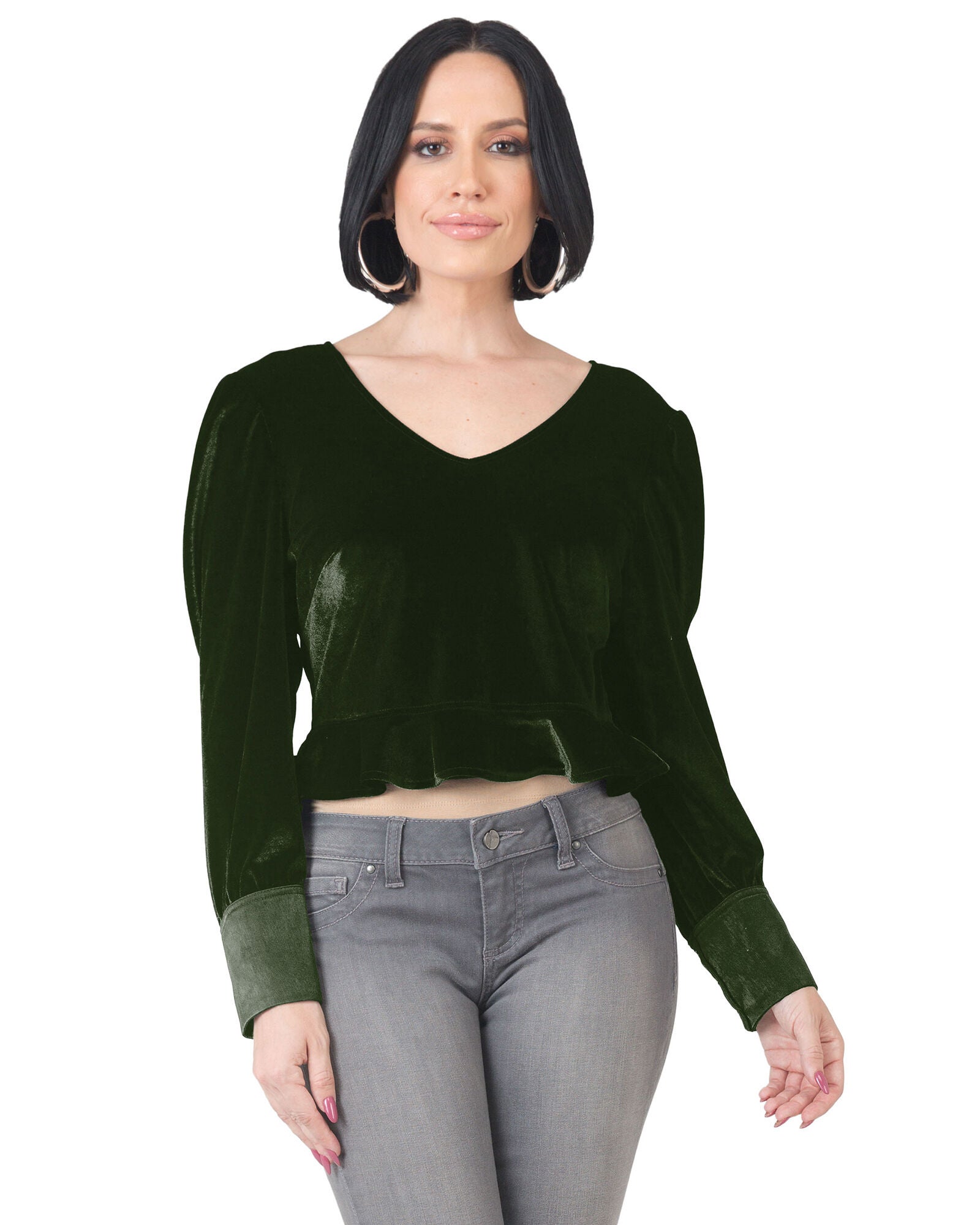 Plus Size Stretch Velvet Peplum Top, Green / Hunter Green, hi-res image number 0