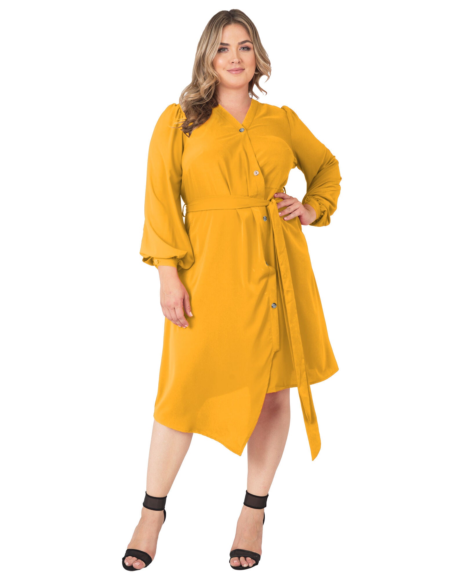 Standards & Practices Asymmetrical Hem Button-Up Wrap Lantern Sleeve Dress, GINGER / Mustard, hi-res image number 0