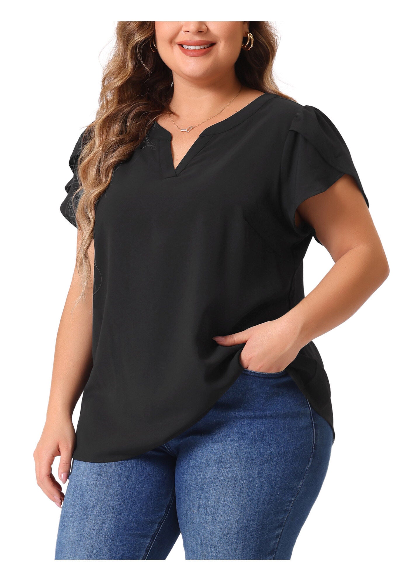Notched V Neck Short Petal Sleeve Shirt Top, Black / Black, alternate image number 1
