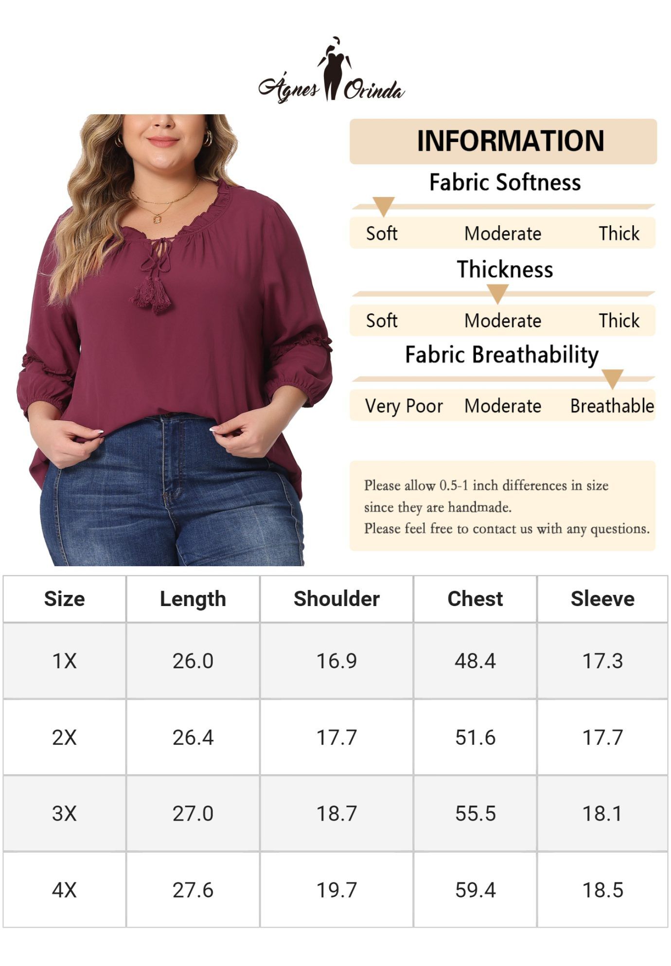 TIE NECK TASSEL SELF FLUTTER 3/4 SLEEVE BLOUSE TOP, Burgundy / Red, alternate image number 4