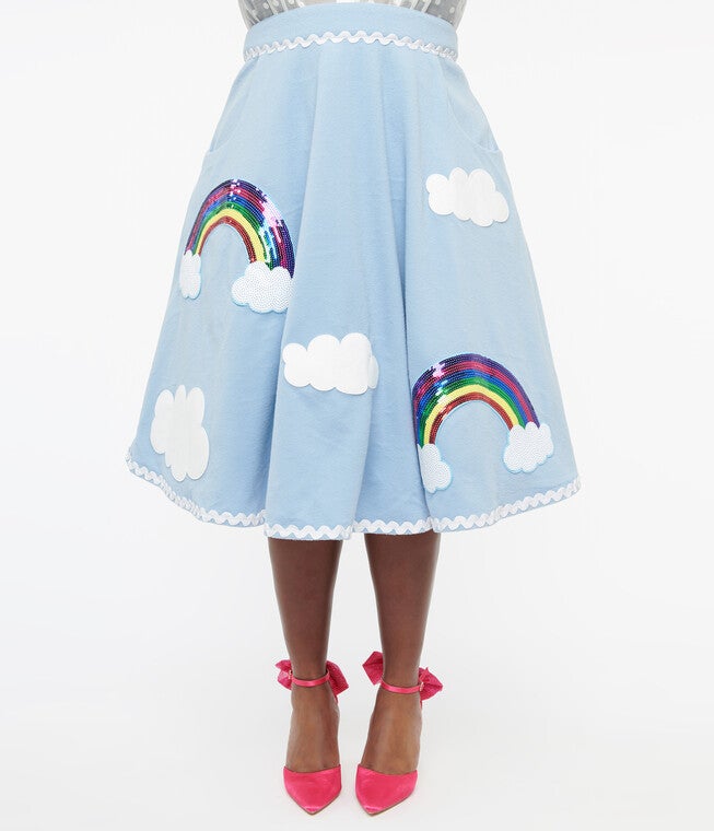 Unique Vintage 1950s Light Blue & Rainbow Sequin Soda Shop Swing Skirt, , alternate image number 5