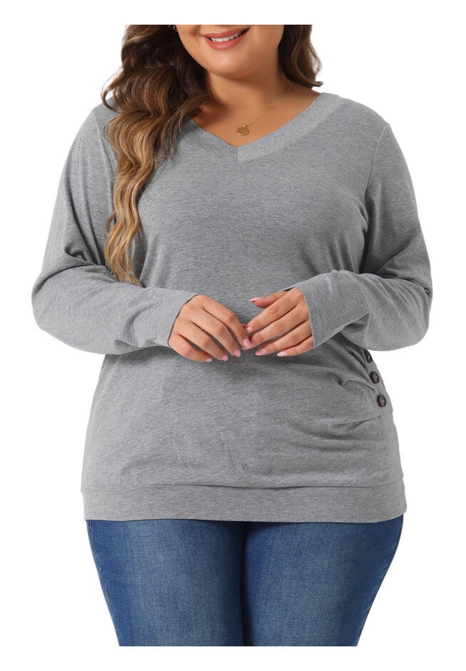 V Neck Long Sleeve Buttons Decor Ruched Casual Blouse Tunic Top, Grey / Light Grey, alternate image number 1