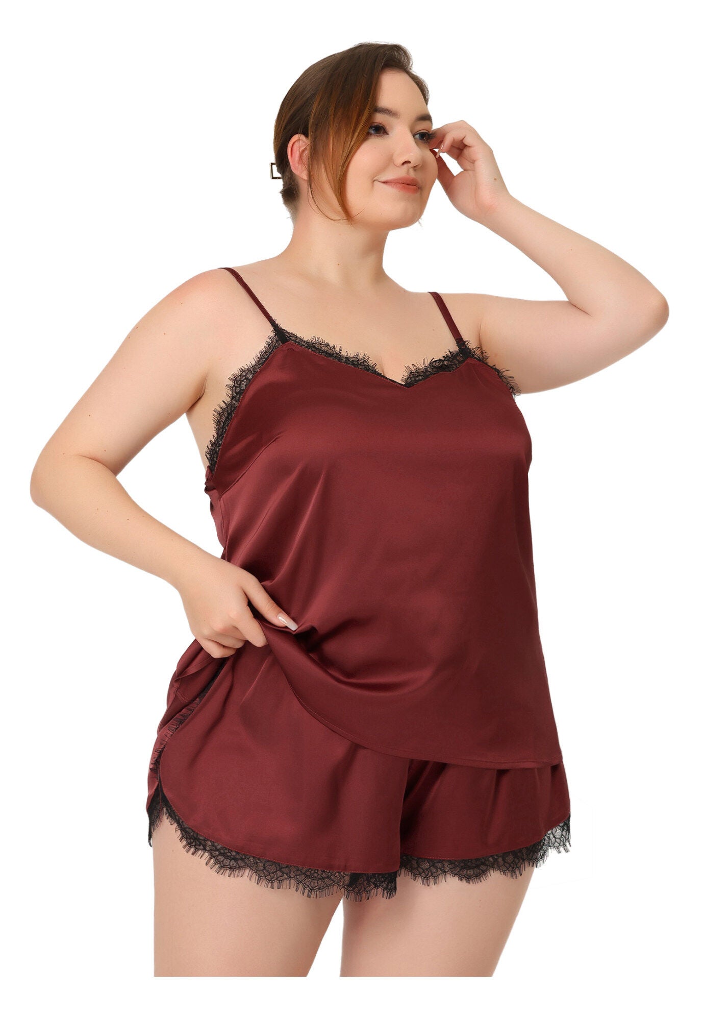 SATIN LACE PANEL CAMI TOP AND SHORTS SLEEPWEAR 2 PIECES PAJAMAS SET, Burgundy / Red, alternate image number 4