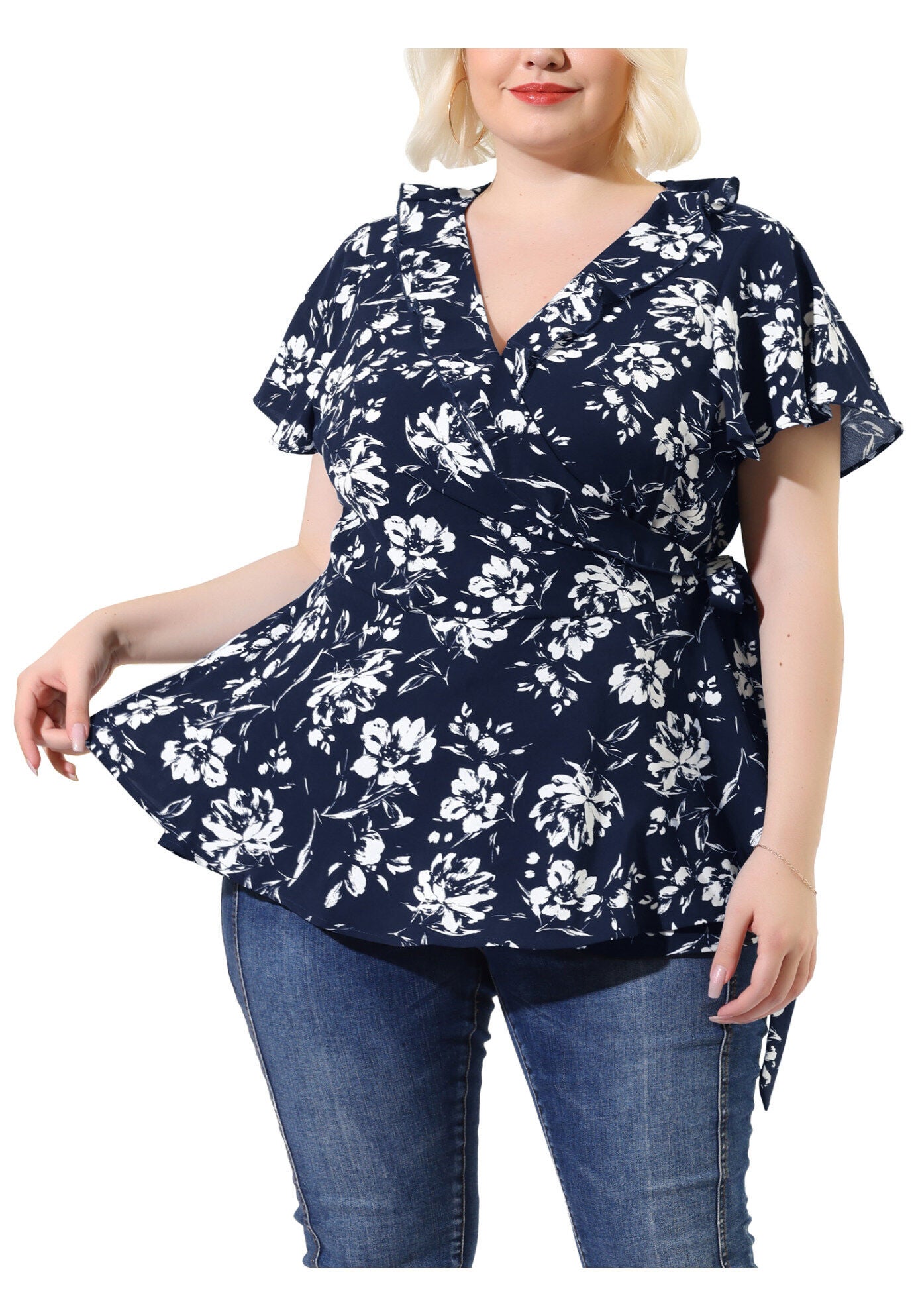 Wrap V Neck Tie Waist Ruffle Sleeve Blouse Summer Floral Top, Navy Blue / Navy, alternate image number 4