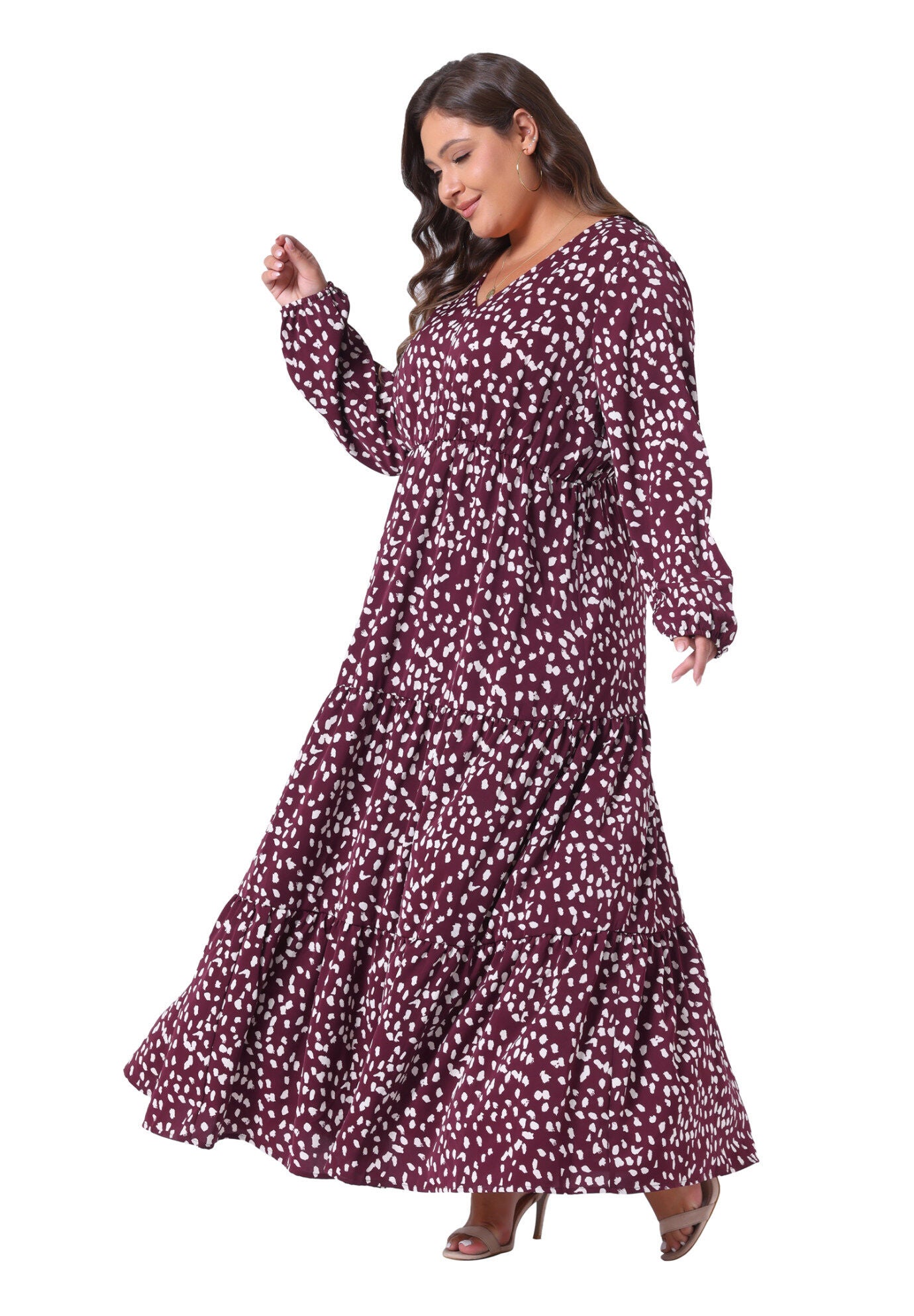 Printed Long Maxi Dress Lantern Sleeve Ruffle Hem Flowy Boho Dress, Dark Red / Burgundy, hi-res image number 0