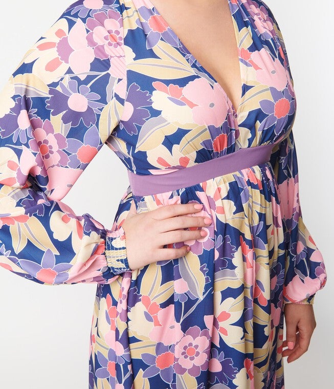 Unique Vintage Navy & Purple Floral Print Buttercup Maxi Dress, , alternate image number 5