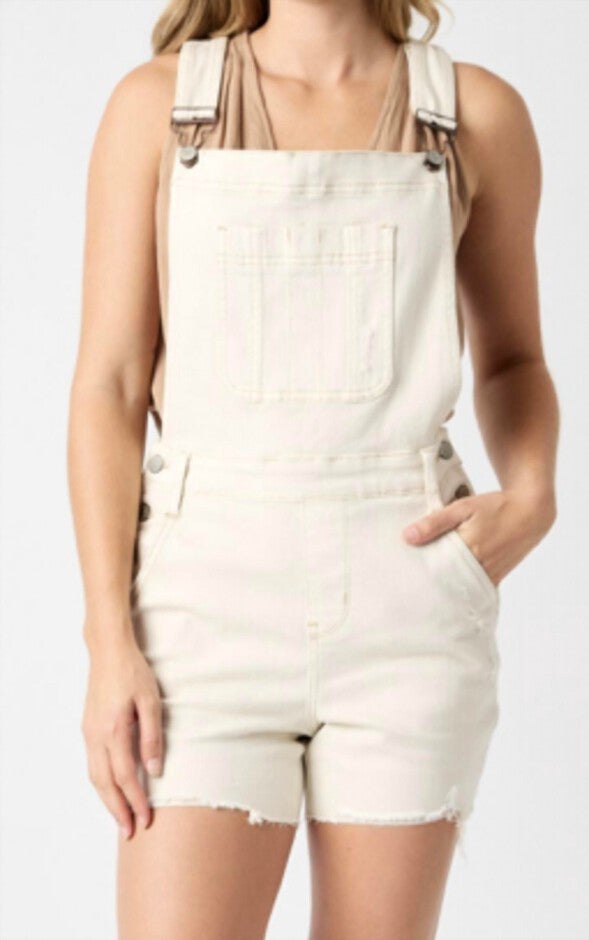 JUDY BLUE ECRU DESTROY OVERALL SHORTS IN ECRU, , alternate image number null