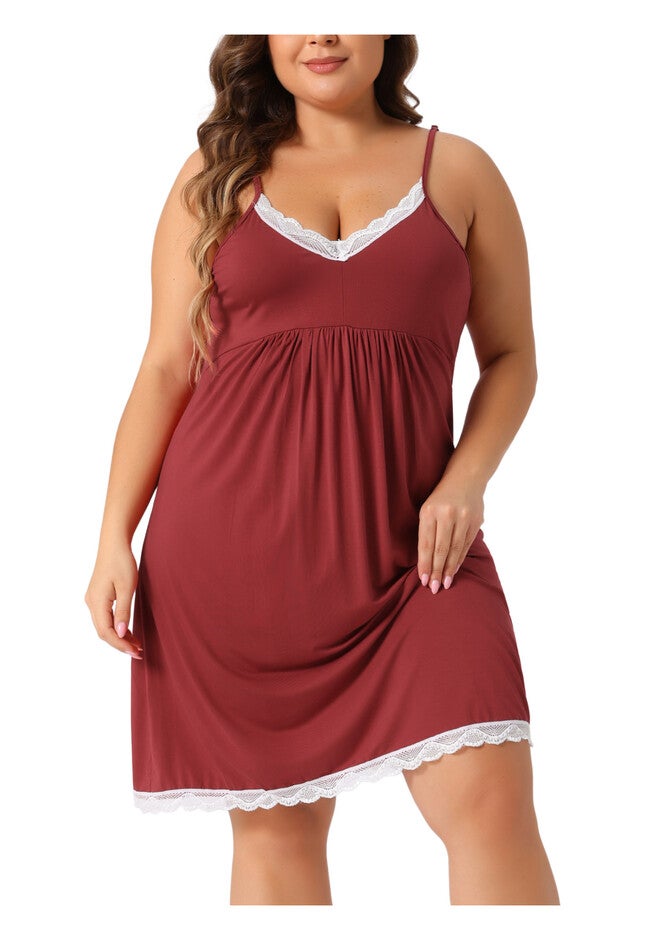 Lace Strap Babydoll Chemise Nightgown V Neck Lingerie, Red / Red, alternate image number 2