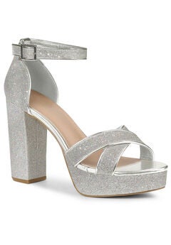 Glitter Platform Crisscross Strap Chunky Heels Sandals